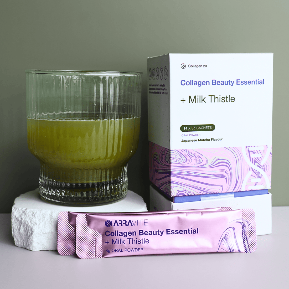Collagen Beauty Essential + Milk Thistle Detox Support (Matcha Flavour) - ARRAVITE