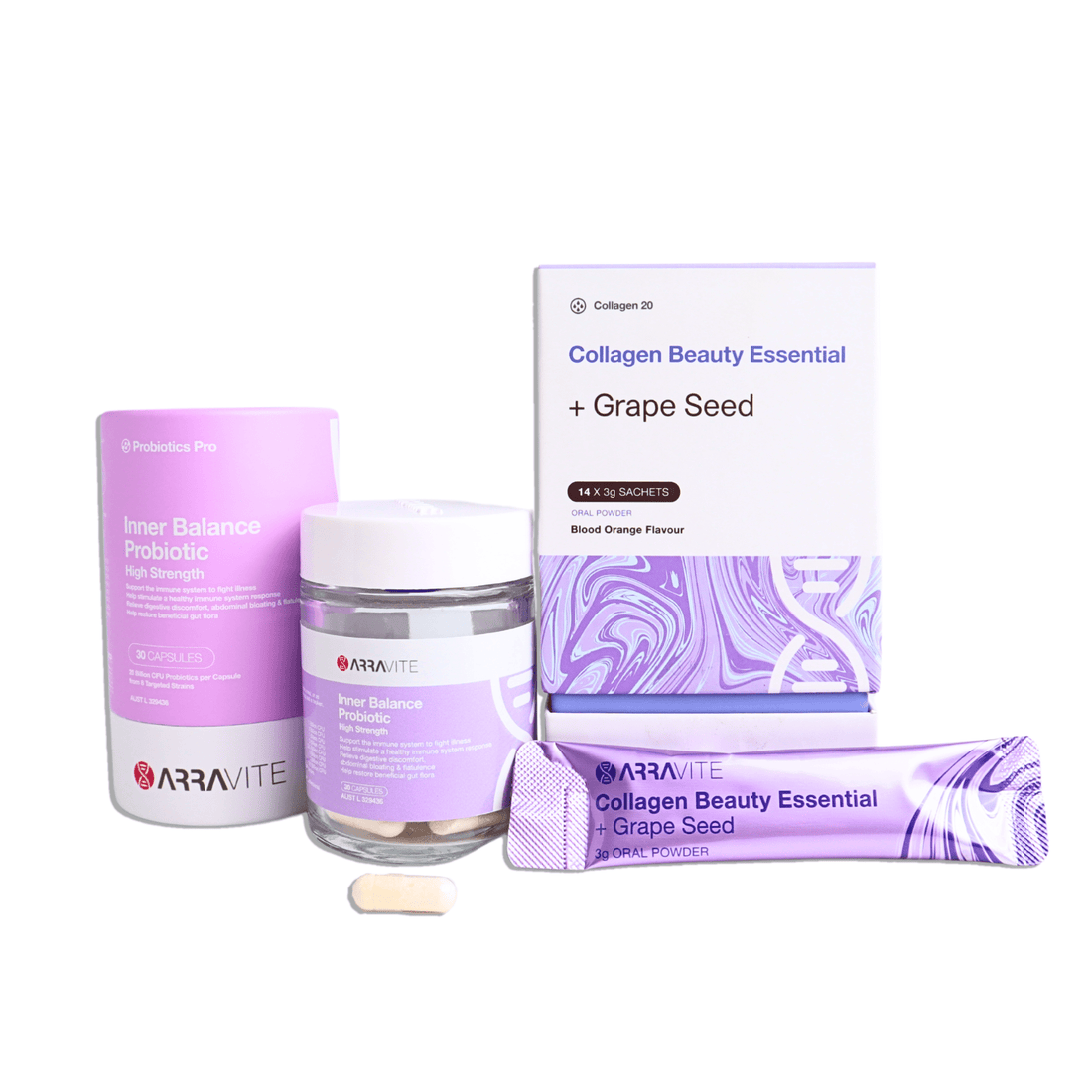 Gut & Glow Essentials – Inner Balance Probiotic + Grape Seed Collagen - ARRAVITE