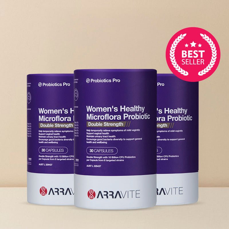 Women's Healthy Microflora Probiotics Double Strength – 3 Month Pack (3 x 30 Capsules) - 10 billion CFU & 4 targeted strains per capsule - ARRAVITE